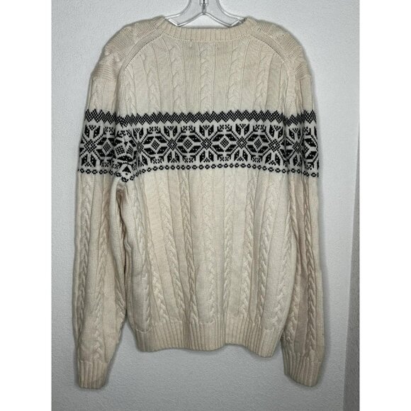 Brooks Brothers Sweater Mens Large Ivory Black Cable Knit Fair Isle Merino Wool - Picture 2 of 13